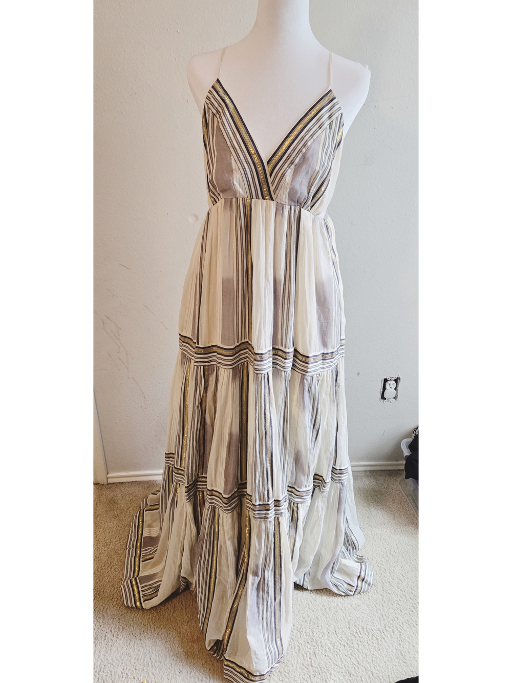 Bohemian Stripe Maxi Dress in Cream and Taupe